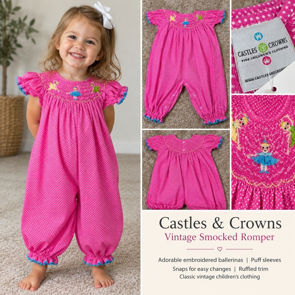 Castles & Crowns Bubble Romper Pink Polka Dot Ballerina Smocked Classic 18M-24M